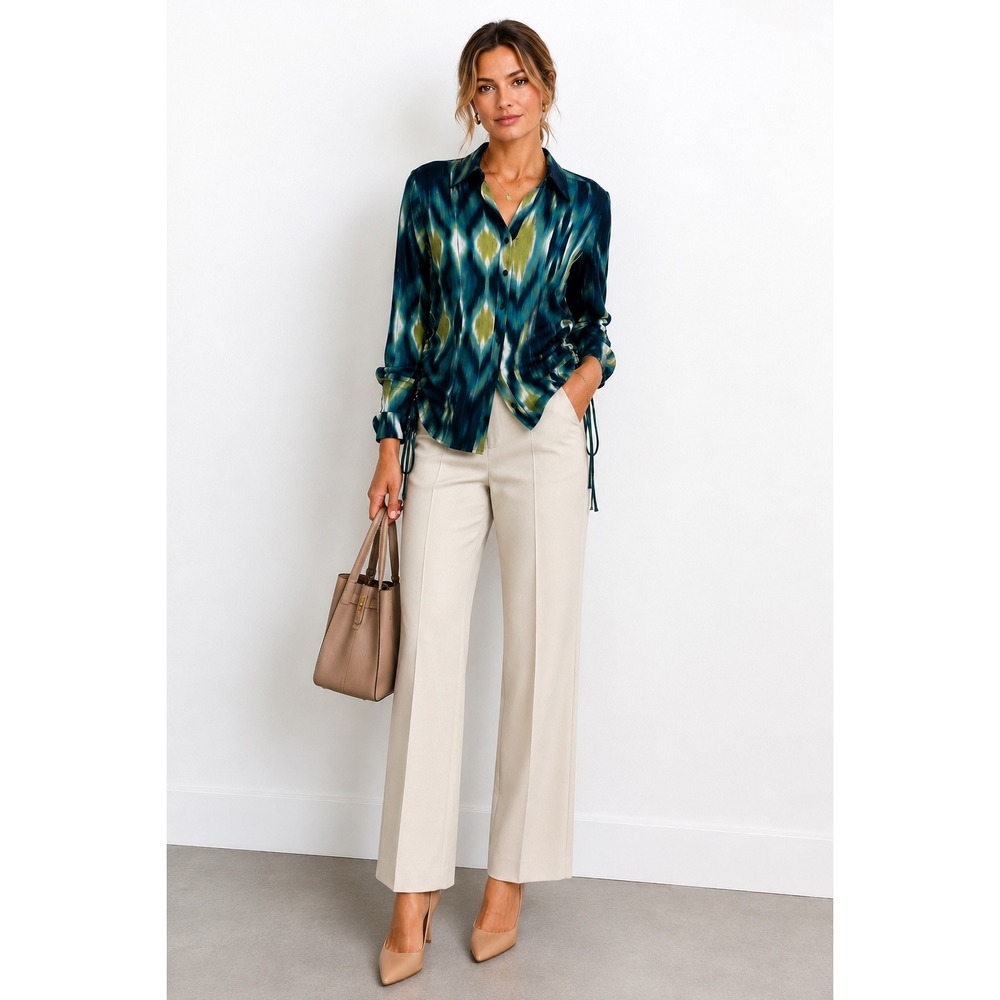 Finley Button Up Shirt Large Ikat Diamond Print‎ Cinched Side Teal Green USA